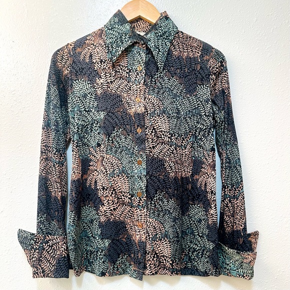 Rare Vintage 70s Disco Era Novelty Pattern Organic Fern Print Button Front Shirt - Picture 1 of 8